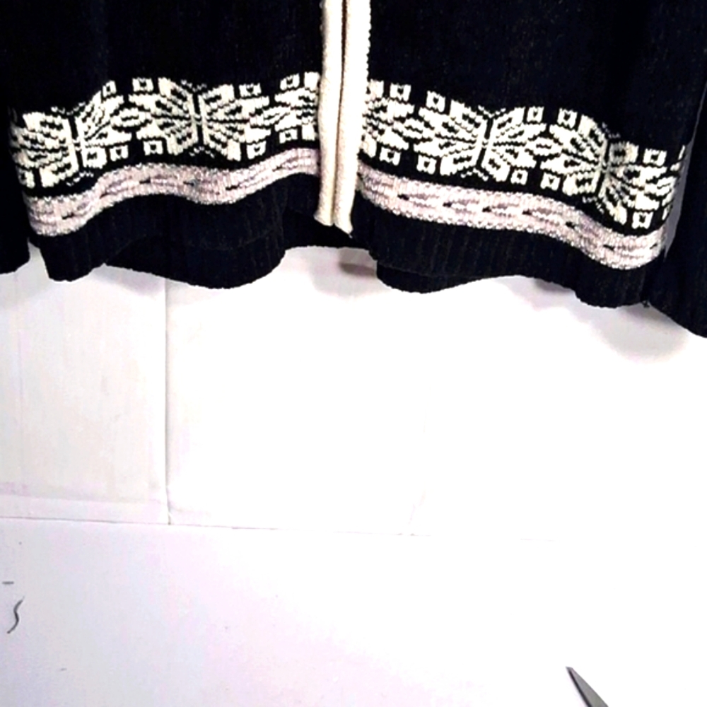 Erika Cardigan Womens PL Black Full Zip Collared Fair Isle Chenille Cozy Nordic - Picture 4 of 13